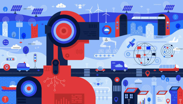 Artificial Intelligence Rules World Detailed vector illustration showing artificial intelligence operating with wireless technology in different fields: clean green energy, smart city, smart industry, smart transport, smart agriculture using drones and smart home segment. assistive technology stock illustrations