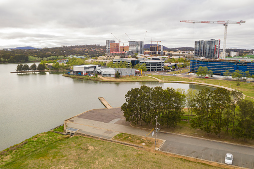Aerial view of Belconnen town centre and Lake Ginninderra on a cloudy day in Canberra, the capital of Australia