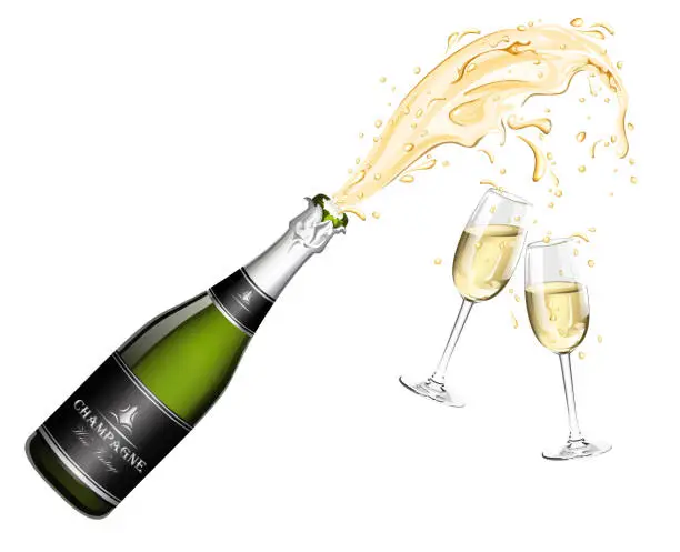 Vector illustration of Bottle of Champagne explosion and two glasses.