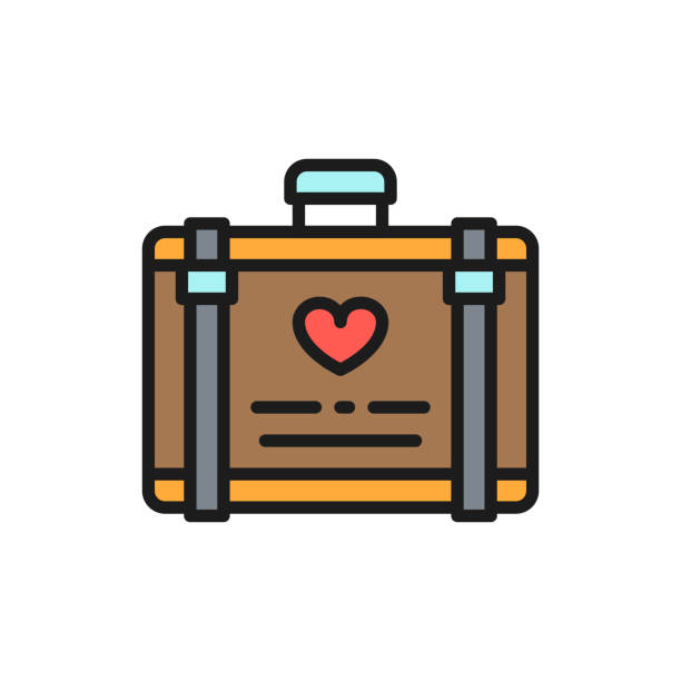 ilustrações de stock, clip art, desenhos animados e ícones de wedding luggage, suitcase for honeymoon flat color line icon. - honeymoon wedding married engagement
