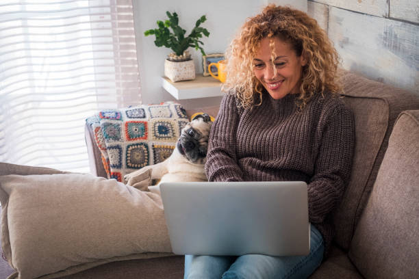 人々と動物と陽気で素敵なカップル - 画面を見て一緒にソファに座ってパソコンのラップトップを使用して自宅で面白い犬のパグと美しいカリー大人の女性 - furniture internet adult blond hair ストックフォトと画像