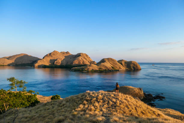 komodo - una ragazza in cima a un'isola che si gode l'alba - flores man foto e immagini stock