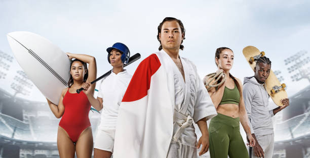 Collage of five Sport Athletes in a fictional stadium with Japanese flag