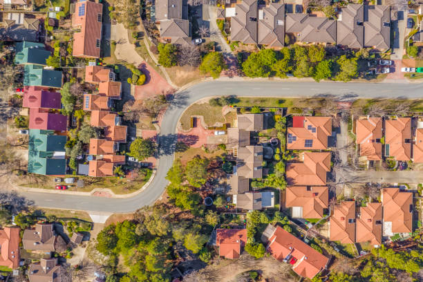 Aerial view of streets and rooftops in the suburb of Holt in Canberra, Australia stock photo