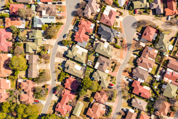 Aerial view of streets and rooftops in the suburb of Holt in Canberra, Australia stock photo