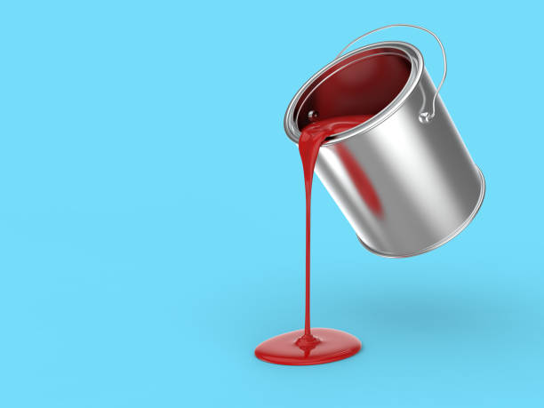 steel paint bucket pouring red paint - paint home improvement paint can decorating imagens e fotografias de stock