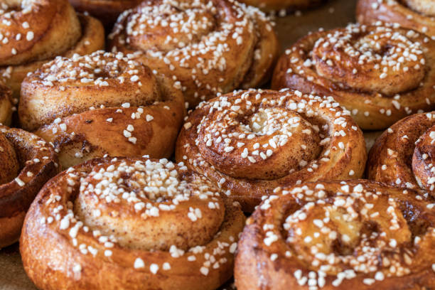 cinnamon rolls, traditional swedish buns - bakery bread breakfast close up imagens e fotografias de stock