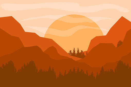 Mountains Landscape. Rural nature background with mountains of sunrise and sunset. Wall paper.