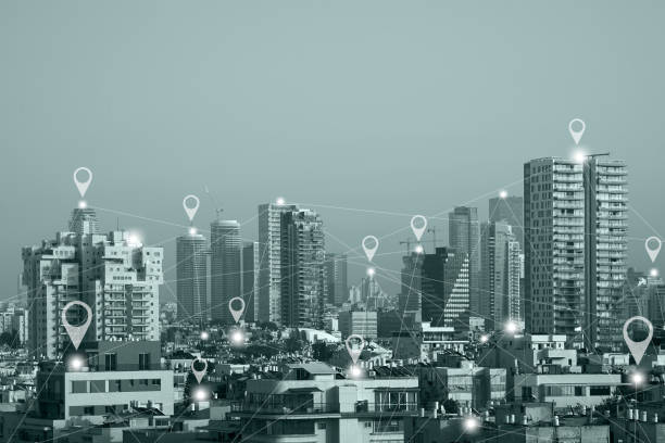 istock Map gps pin flat above blue tone city scape and network connect 1203157959