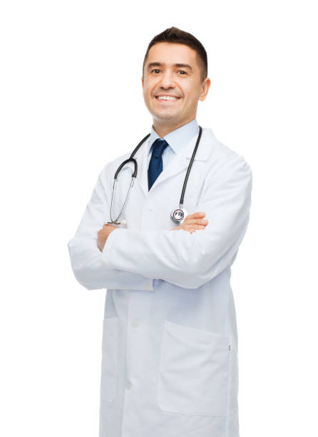 istock smiling male doctor in white coat 1203158262