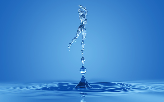 Water Drop Splash in Shape of Female Ballet Dancer Figure. Drinking Water Advertising Background. 3D Illustration.