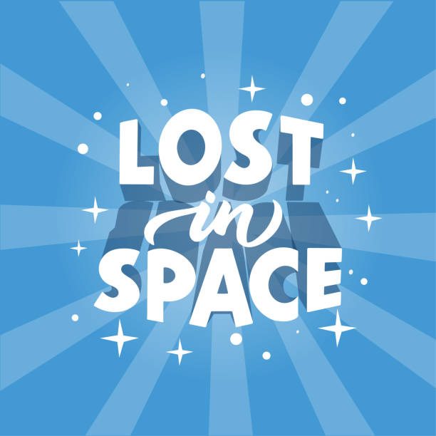 Cosmos phrase. Lost in space quote stylized lettering on abstract form Cosmos phrase. Lost in space quote stylized lettering on abstract form. Comic quotation hand drawn vector clipart. Printable card, sticker, textile, t shirt print, social media post, poster creative design template idea lost in space stock illustrations