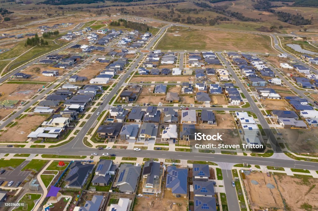 Aerial view of housing development in the newly established suburb of Denman Prospect in Canberra, Australia Aerial view of streets, houses and housing development in the newly established suburb of Denman Prospect in Canberra, Australia Canberra Stock Photo