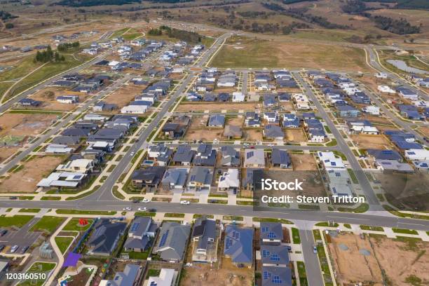 Aerial View Of Housing Development In The Newly Established Suburb Of Denman Prospect In Canberra Australia Stock Photo - Download Image Now