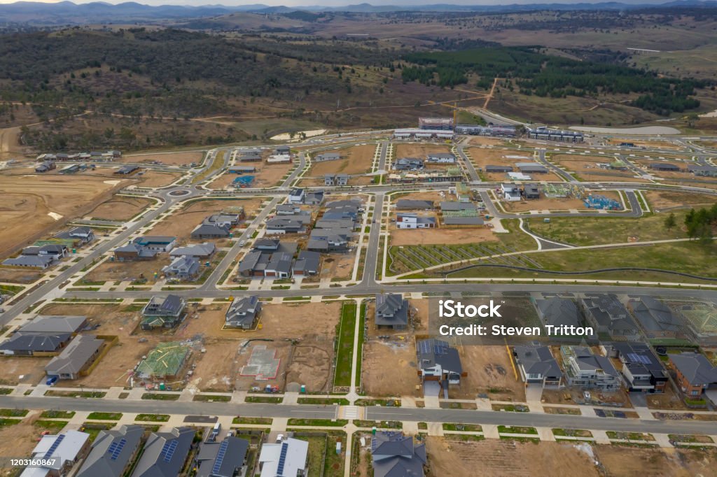 Aerial view of housing development in the newly established suburb of Denman Prospect in Canberra, Australia Aerial view of streets, houses and housing development in the newly established suburb of Denman Prospect in Canberra, Australia Australia Stock Photo