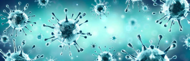 corona virus - mikrobiologie und virologie konzept - 3d rendering - retrovirus stock-fotos und bilder