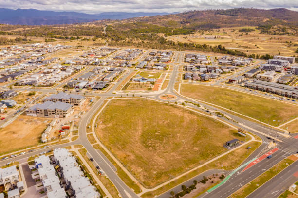 Aerial view of streets, houses and parks in the newly established suburb of Coombs in Canberra, Australia stock photo