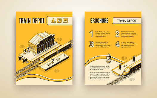 Railway company isometric vector promo brochure, touristic booklet page template with high-speed passenger train on train station or depot line art illustration. Transport infrastructure infographics