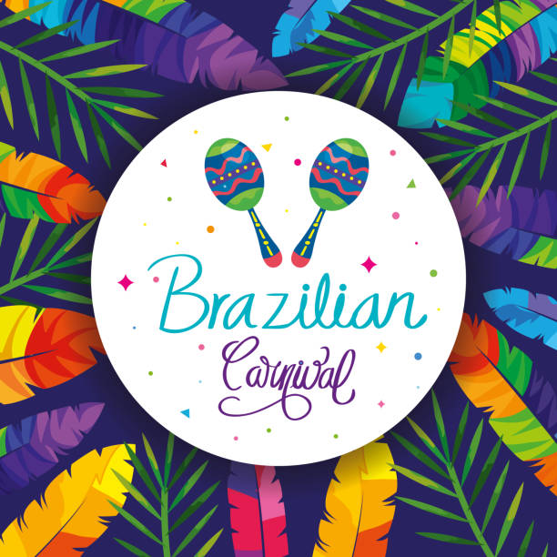 ilustrações, clipart, desenhos animados e ícones de pôster do carnaval brasileiro com maracas e decoração - vector costume party feather