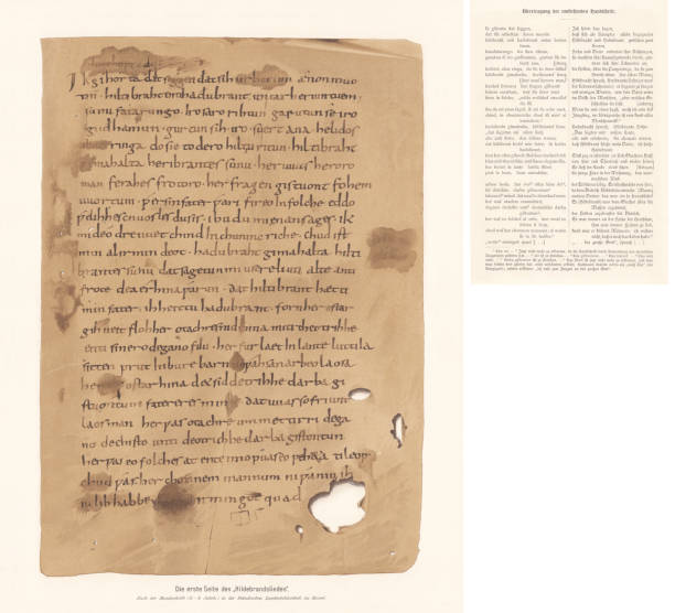 istock First page of the Hildebrandslied manuscript, ca.830, facsimile (chromolithograph), 1897 1203166359
