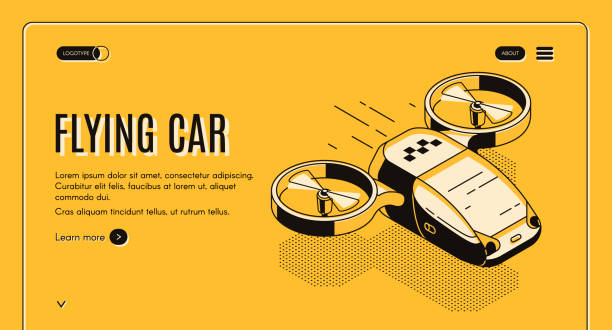 将来の空飛ぶタクシー車アイソメトリックベクトルウェブサイト - 未来　車点のイラスト素材／クリップアート素材／マンガ素材／アイコン素材