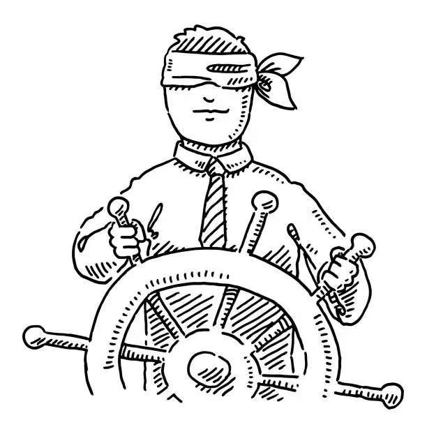 Vector illustration of Blindfold Businessman Navigating On Steering Wheel Drawing