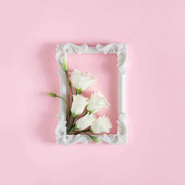 istock Creative composition of white rose flowers and frame. 1203166809