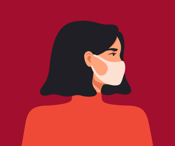年輕的亞洲婦女戴著呼吸面罩，以防止冠狀病毒和空氣污染。 - 防護口罩 插圖 幅插畫檔、美工圖案、卡通及圖標