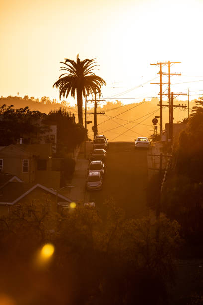 Los Angeles city skyline at sunset in a beautiful golden light.