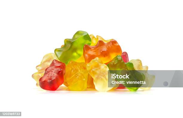 Macro Of Assorted Fruit Flavored Gummy Bears Or Cannabis Edibles Isolated On White Background Stock Photo - Download Image Now