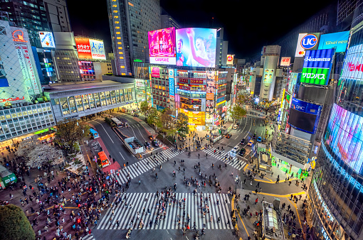 aerial view of Shibuya Crossing at night. Tokyo 2020, Japan