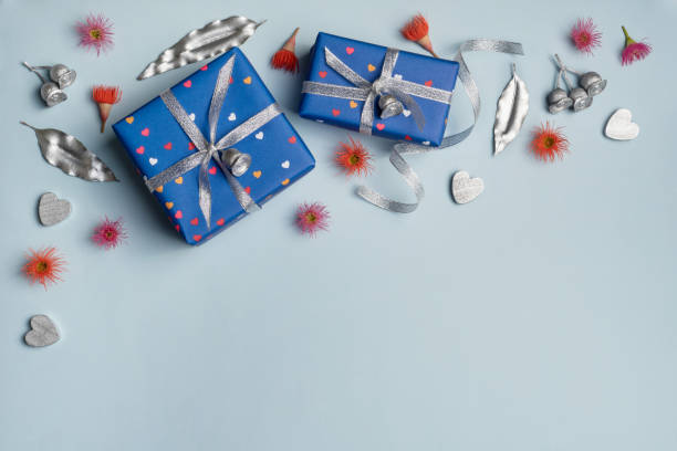 Australia themed gift flat lay on a blue background.