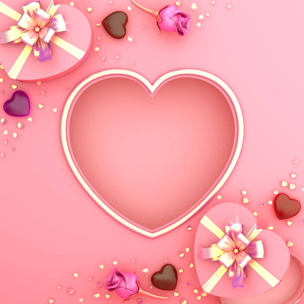 istock Happy Valentines Day, pink rose flower heart shape gift box, window frame, chocolate candy, gold confetti glitter on background. Greeting card, flat lay, layout,  copy space text. 3D illustration. 1203170375