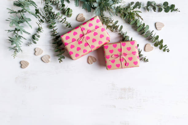 istock Rustic natural hearts gift flat lay with eucalyptus leaves. 1203170402