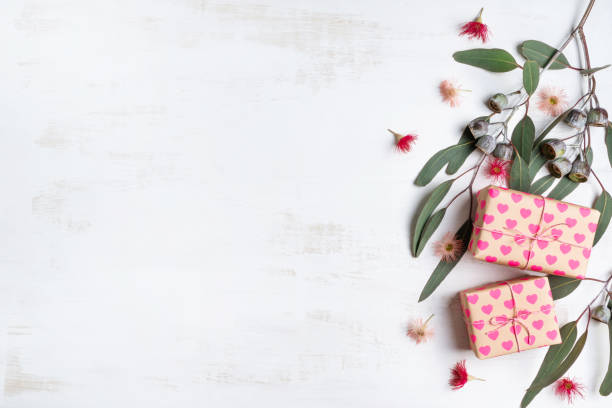 istock Natural hearts gift flat lay with eucalyptus leaves and gumnuts. 1203170416