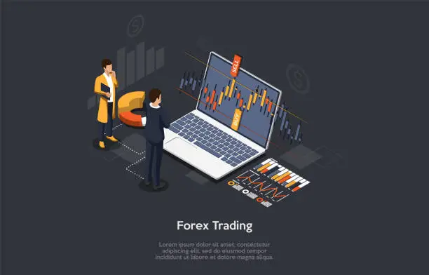 Vector illustration of Isometric Forex Trading Concept. Traders Are Analysing the Chart. Vector illustration