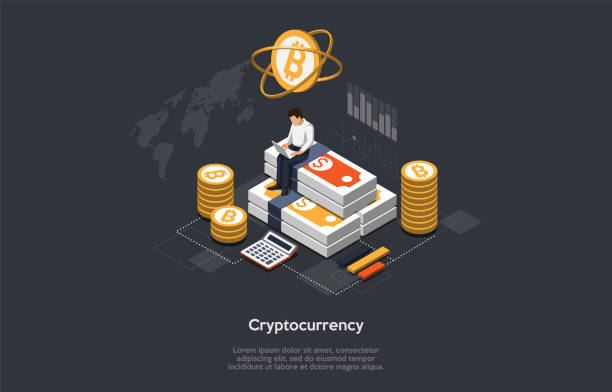 Isometric Cryptocurrency and Blockchain Concept. Man Is Monitoring Exchange Rates, Buying And Selling Cryptocurrencies. Vector Illustration Isometric Cryptocurrency and Blockchain Concept. Man Is Monitoring Exchange Rates, Buying And Selling Cryptocurrencies. Vector Illustration. bitcoin trading stock illustrations