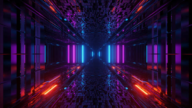 istock 3d illustration background with futuristic sci-fi tunnel corridor with beautiful reflections and glowing lights artworks design 1203173226
