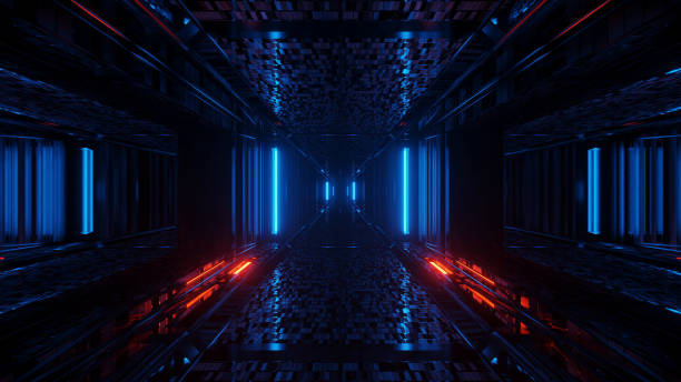 istock 3d illustration background with futuristic sci-fi tunnel corridor with beautiful reflections and glowing lights artworks design 1203173236