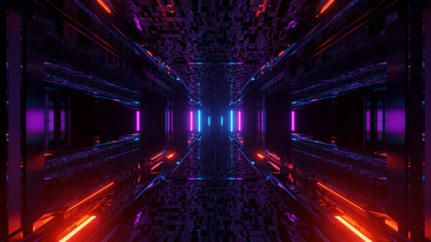 istock 3d illustration background with futuristic sci-fi tunnel corridor with beautiful reflections and glowing lights artworks design 1203173251