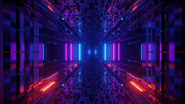 istock 3d illustration background with futuristic sci-fi tunnel corridor with beautiful reflections and glowing lights artworks design 1203173748