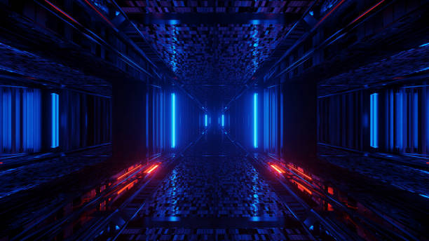 istock 3d illustration background with futuristic sci-fi tunnel corridor with beautiful reflections and glowing lights artworks design 1203173750