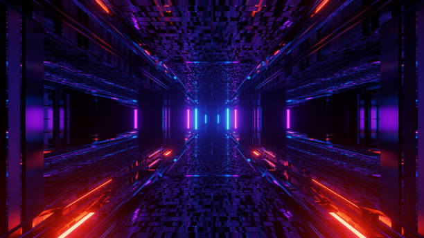 istock 3d illustration background with futuristic sci-fi tunnel corridor with beautiful reflections and glowing lights artworks design 1203173765