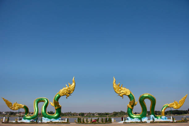 Naga statue of Nongkhai city at riverside mekong river Landmarks and viewpoint with Naga statue of Nongkhai city at riverside mekong river for thai people and foreign travelers travel visit and take photo in Nong khai, Thailand nong khai province stock pictures, royalty-free photos & images