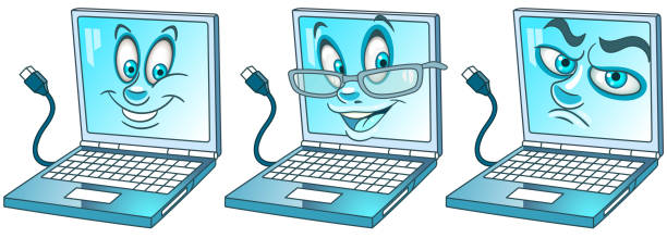 ilustrações de stock, clip art, desenhos animados e ícones de cartoon laptop set. funny emoticon faces - computer keyboard computer sadness emoticon