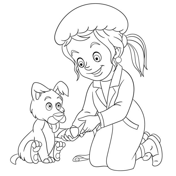 ilustraciones, imágenes clip art, dibujos animados e iconos de stock de página para colorear de la niña veterinaria de dibujos animados y perro - niña y niño libro para colorear