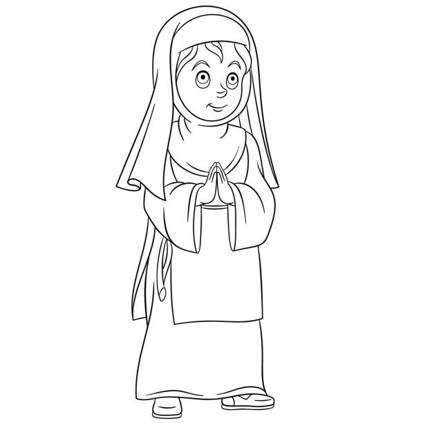 Coloring page of cartoon nun, girl praying Coloring page of cartoon girl praying, young religious nun. Coloring book design for kids. spirituality smiling black and white line art stock illustrations