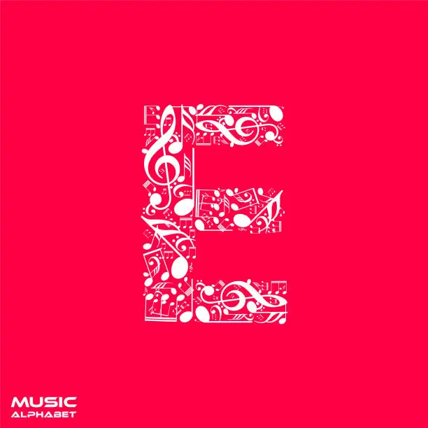 Vector illustration of Vector letter E made from musical notes, musical alphabet, music font