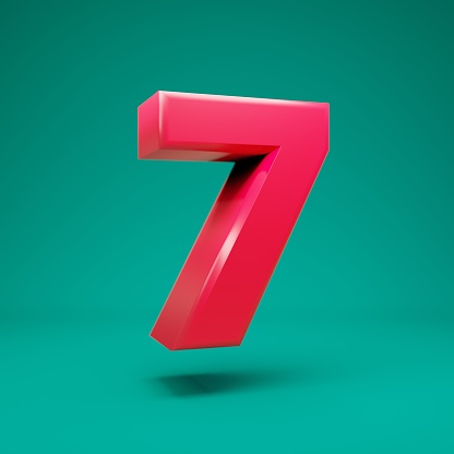 Pink 3d number 7 on mint background. 3D rendering. Best for anniversary, birthday party, celebration.