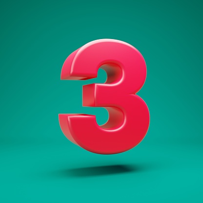 Pink 3d number 3 on mint background. 3D rendering. Best for anniversary, birthday party, celebration.